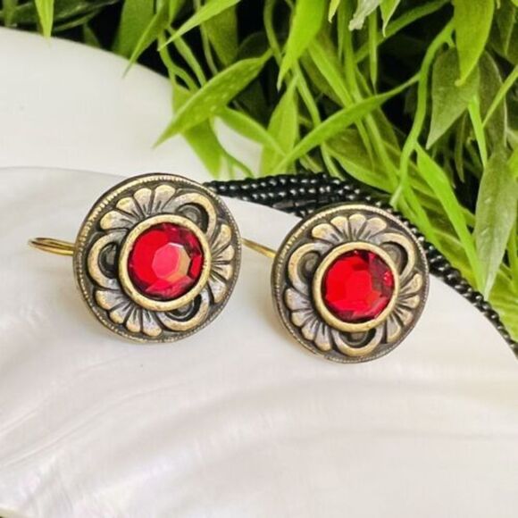 Rare Robert Rose Ruby Red Rhinestone Glass Cabochon Pierced Drop Earrings 1103 - Picture 1 of 6